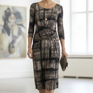 VTG Weekend Max Mara Silk Blend Abstract Taupe Midi Dress XL Y2K Quiet Luxury